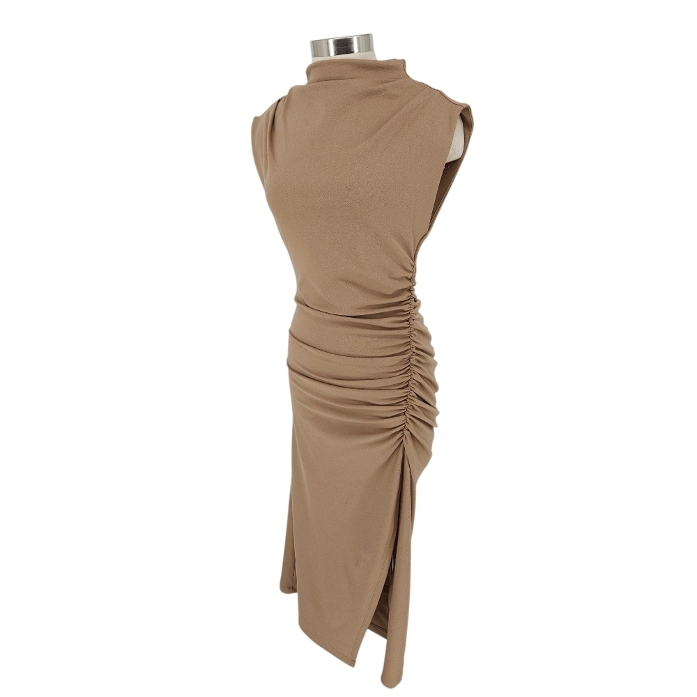 Anthropologie Maya Midi Sheath Dress Cedar Brown Sleeveless Ruched Petite PM - Picture 4 of 11